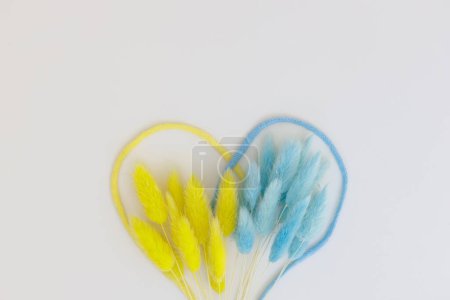 Colored ropes in blue and yellow laid out in the shape of a heart on a white table. In the middle are dry flowers painted in blue and yellow colors. Ukrainian symbols. High quality photo