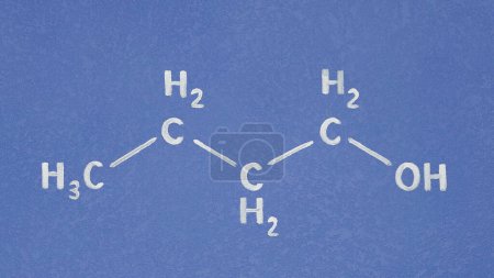Téléchargez les photos : Représentation claire de la molécule de butanol, représentée en blanc sur un fond bleu texturé. Idéal pour les illustrations éducatives et scientifiques - en image libre de droit