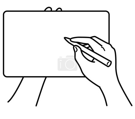 Foto de Hands holding tablet, stylus pen, monochrome illustration - Imagen libre de derechos