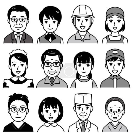 Illustration for People faces, different jobs and occupations, vector illustration set, black and white illustration 02 - Royalty Free Image