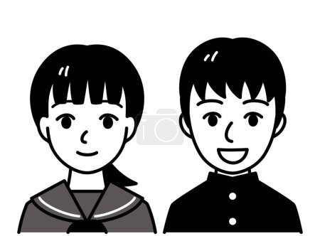 boy and girl student, Japanese school uniform, vector illustration, black and white illustration