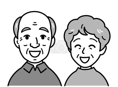 gentle old man and woman, smiling, vector illustration, black and white illustration