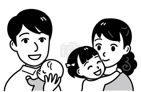 Téléchargez les illustrations : Jeune famille, parents et enfants, illustration vectorielle, illustration en noir et blanc - en licence libre de droit
