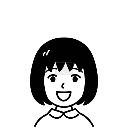 Asian little girl, smiling, vector illustration, black and white illustration