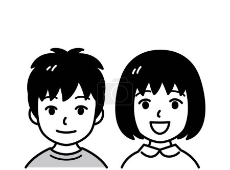 Asian little boy and girl, smiling, vector illustration, black and white illustration