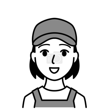 young woman wearing cap in uniform, vector illustration, black and white illustration