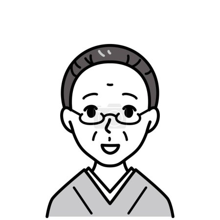 alte Frau mit Brille im japanischen Kimono, Vektorillustration, Schwarz-Weiß-Illustration