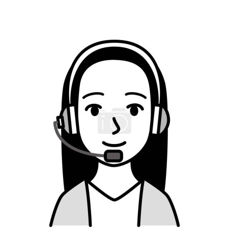 junge Frau mit Mikrofon-Headset, Vektor, Illustration, Schwarz-Weiß-Illustration