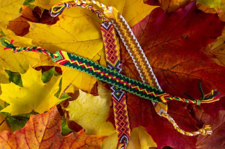 Téléchargez les photos : Fait à la main coloré naturel tissé bracelets d'amitié isolé sur fond de feuilles naturelles automnales, belles couleurs vives - en image libre de droit