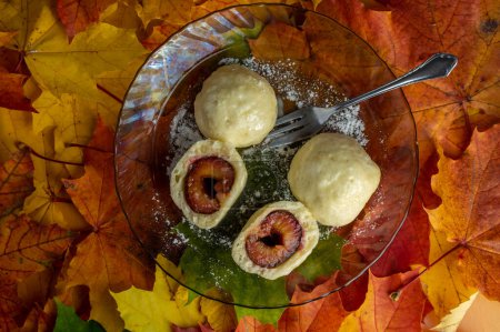 Foto de Albóndigas de ciruela cortadas por la mitad en el plato en hojas de colores otoñales reales con glaseado de azúcar blanca, sabrosa cocina checa - Imagen libre de derechos