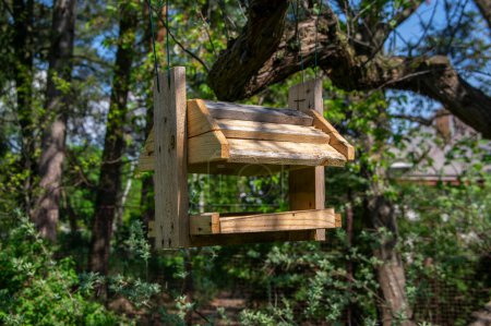Téléchargez les photos : Mangeoire à oiseaux en bois brun suspendue à la branche sur la corde sur l'arbre dans le parc public au soleil de jour, abri pour les oiseaux - en image libre de droit
