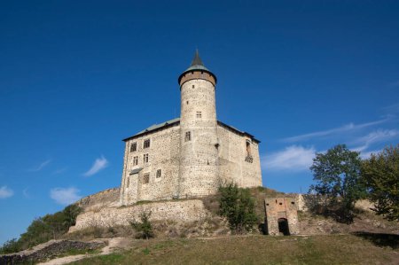 Téléchargez les photos : Vieux château public tchèque pittoresque Kuneticka hora au sommet de la colline, ciel ensoleillé et bleu - en image libre de droit