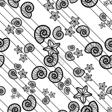 Photo for A cute and adorable line art illustrations of seashells and starfish. A fun seamless pattern design in beach theme. Perfect for summer. A fun coloring activity for all. A drawing for coloring page and book. - Royalty Free Image