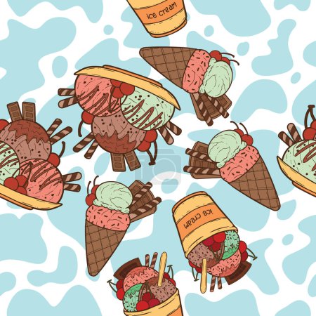 Photo for A digital line art drawing of popular sweet dessert. A cute and adorable cartoon illustration of ice cream as seamless surface pattern design - Royalty Free Image