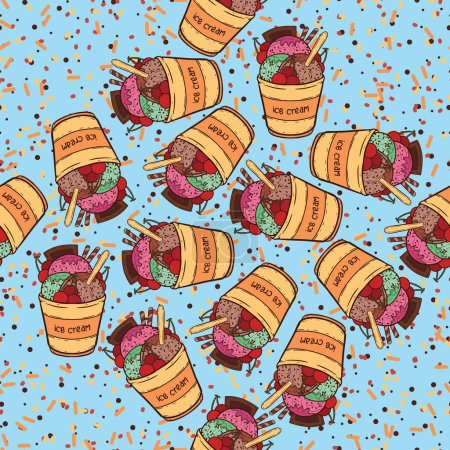 Foto de Una linda ilustración artística de una taza de helado con sabores a menta, fresa y menta. Cubierto con aspersores, salsa, rollos de obleas y una barra de chocolate. - Imagen libre de derechos
