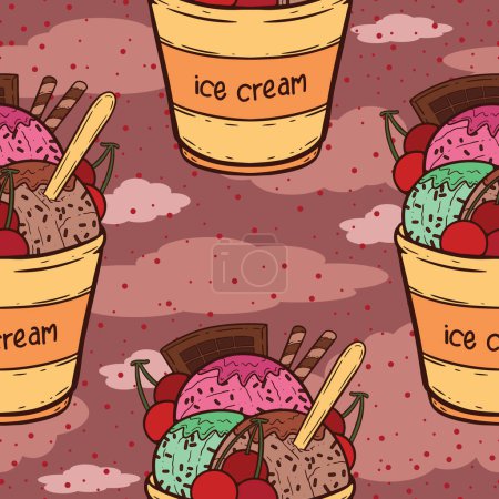 Foto de Una linda ilustración artística de una taza de helado con sabores a menta, fresa y menta. Cubierto con aspersores, salsa, rollos de obleas y una barra de chocolate. - Imagen libre de derechos