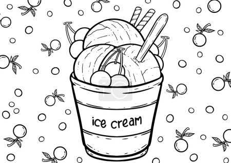 Téléchargez les illustrations : A digital line art drawing of popular sweet dessert. A cute and adorable cartoon illustration of ice cream as coloring book or page. A fun activity for the whole family. - en licence libre de droit