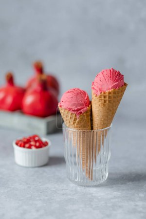 Two scoop creamy pomegranate ice cream cone. Healthy vegan desserts. High quality photo