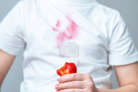 Foto de Una mancha roja sucia en la parte delantera de una camiseta blanca. La mano de un niño sostiene una rebanada de fresa. concepto de manchas de la vida diaria. Foto de alta calidad - Imagen libre de derechos