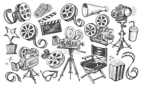Filmset. Film, Film, Video, Fernsehkonzept. Handgezeichnete TV-Illustrationen im Vintage-Skizzenstil