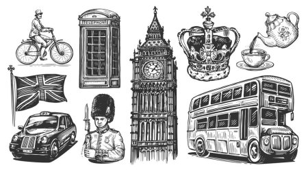 England, London. Handgezeichnete Sammlung von Illustrationen im Stil von Vintage-Kupferstichen. Großbritannien-Konzept
