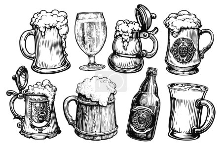 Bier Set Illustration. Sammlung von Gläsern, Bechern und Flaschen mit alkoholischen Getränken für die Gestaltung von Speisekarten in Restaurants oder Kneipen