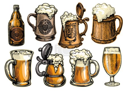 Foto de Set de cervezas para diseño de menú de restaurante o pub. Bebidas alcohólicas. Ilustración dibujada a mano en estilo retro - Imagen libre de derechos