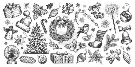 Christmas concept. Design elements hand drawn in sketch retro style. Holiday decorations engraving vintage illustration
