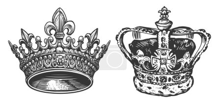 Crown with gems sketch. King, Queen, Royal symbol isolated. Hand drawn illustration in vintage engraving style