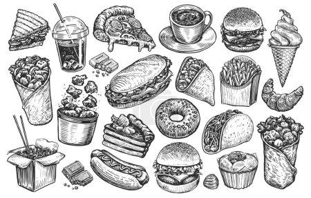 Foto de Conjunto de ilustración Alimentos y Bebidas. Colección de artículos dibujados a mano en estilo de boceto para el menú de diseño de restaurante o comedor - Imagen libre de derechos