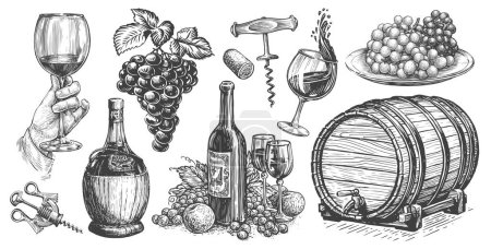 Weinkonzept. Weinbau gesetzt. Sammlung handgezeichneter Skizzen für die Speisekarte eines Restaurants. Vintage-Illustration