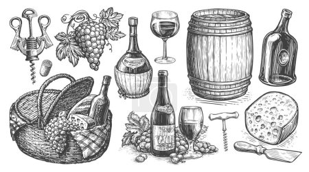 Wine concept. Vintage illustration. Viticulture set. Collection of hand drawn sketches for restaurant menu