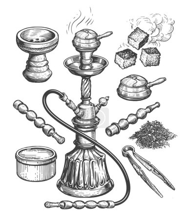 Photo for Smoking hookah and accessories collection sketch. Shisha, tobacco, tongs, charcoal. Hand drawn vintage illustration - Royalty Free Image