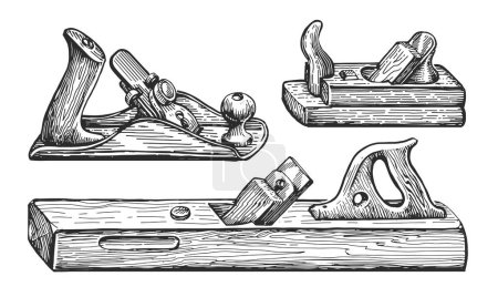 Photo for Plane old wooden jointer tool. Retro carpentry woodworking equipment isolated. Hand drawn sketch vintage illustration - Royalty Free Image