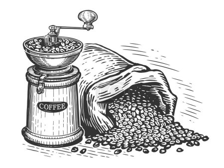 Téléchargez les photos : Coffee grinder and bag of coffee beans. Drink concept. Engraved hand drawn sketch vintage illustration - en image libre de droit