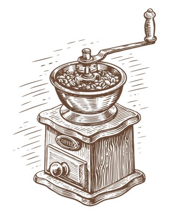 Foto de Roasted coffee beans and vintage coffee grinder. Retro device for preparing coffee drink. Hand drawn illustration sketch - Imagen libre de derechos
