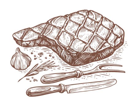 Foto de Sketch hand drawn grilled bull steak with with fork and knife. Grilled food, fried meat illustration - Imagen libre de derechos