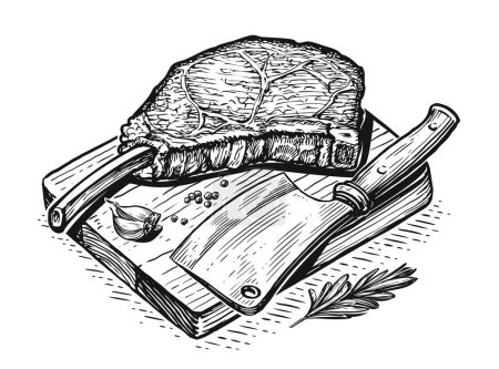 Foto de Meat for BBQ. Fresh farm organic food for barbecue or grill. Hand drawn sketch engraved illustration - Imagen libre de derechos