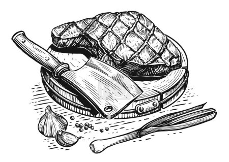 Téléchargez les photos : Grilled steak on wooden board with axe. Meat dish preparation. Sketch hand drawn illustration - en image libre de droit