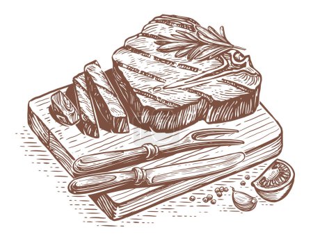 Foto de Grilled steak on wooden cutting board with knife and fork. Meat dish preparation. Sketch hand drawn illustration - Imagen libre de derechos
