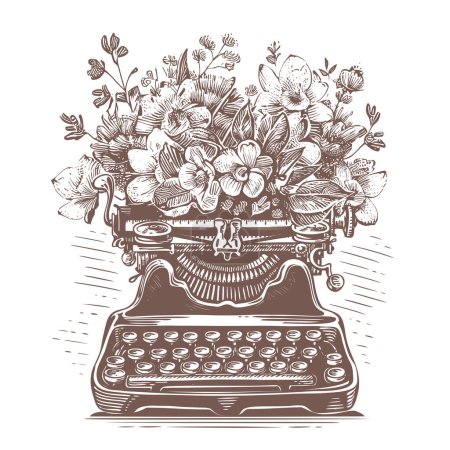 Téléchargez les photos : Retro typewriter machine with flowers. Floral vintage style clip art. Hand drawn sketch illustration - en image libre de droit