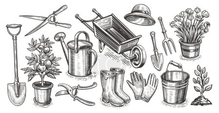 Garden, farm concept. Gardening set of items sketch. Agriculture, farming objects vintage illustration