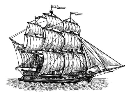 Foto de El barco retro navega en olas de mar. Velero navegando, vista lateral. Dibujo vintage ilustración grabada - Imagen libre de derechos