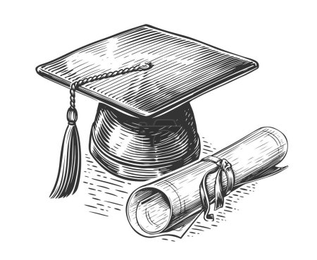 Photo for Graduation cap with tassel and rolled diploma. Mortarboard and Degree. Sketch illustration - Royalty Free Image