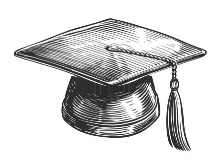 Téléchargez les photos : Mortarboard isolated. Black graduation cap with tassel. Science, education symbol. Hand drawn sketch illustration - en image libre de droit