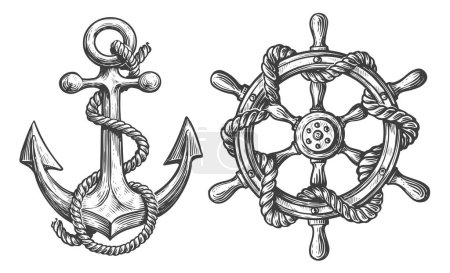 Téléchargez les photos : Nautical set. Anchor and ship helm, steering wheel in sketch style. Vintage illustration isolated on white background - en image libre de droit