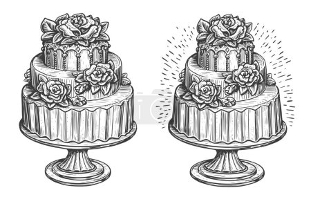 Téléchargez les photos : Mariage gâteau à trois niveaux décoré de roses et de fleurs sur support en bois. Dessert, croquis d'aliments sucrés illustration - en image libre de droit