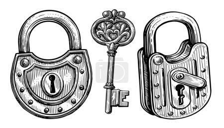 Téléchargez les photos : Vintage key, keyhole, padlock in style old engraving. Hand drawn sketch illustration - en image libre de droit