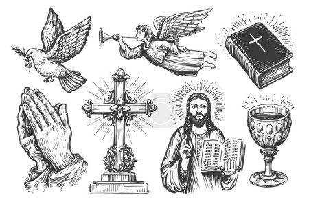 Holy Bible, hands folded in prayer, angel sketch. Religion symbols set. Collection of vintage illustrations