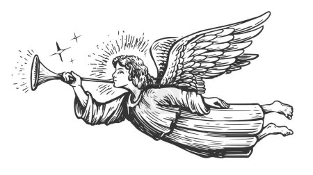 Photo for Christmas Angel flying and trumpet on pipe. Religious holiday. Hand drawn illustration in vintage engraving style - Royalty Free Image